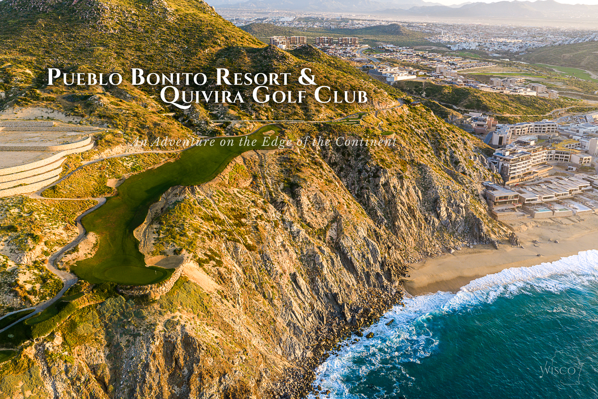 Drone image of the beautiful and dramatic 6th hole at Quivira Golf Club in Los Cabos, Mexico, from above the Pacific Ocean